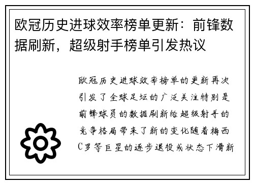 欧冠历史进球效率榜单更新:前锋数据刷新,超级射手榜单引发热议 欧冠历史进球效率榜单更新:前锋数据刷新,超级射手榜单引发热议